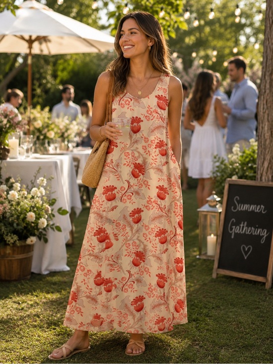 April Cornell Dresses & Skirts - APRIL CORNELL Sleeveless Cream Rayon Maxi Dress Coral Floral Print SzL Feminine